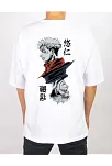 Unisex Bisiklet Yaka Baskılı Oversize T-shirt - Beyaz