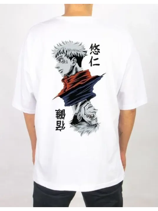 Unisex Bisiklet Yaka Baskılı Oversize T-shirt - Beyaz