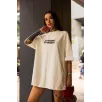 Unisex Bisiklet Yaka Baskılı Oversize T-Shirt - Beyaz