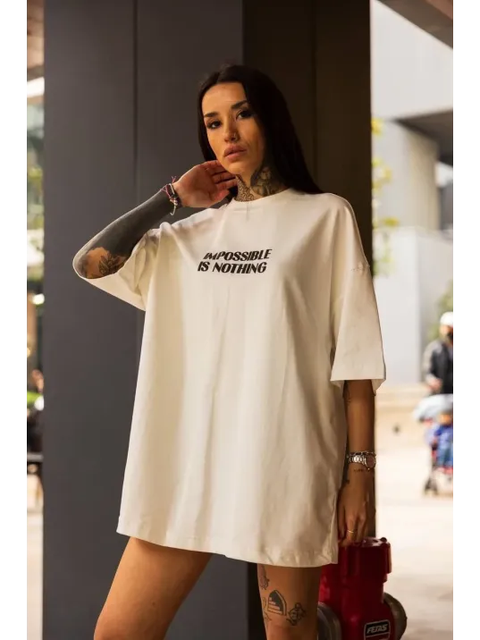 Unisex Bisiklet Yaka Baskılı Oversize T-Shirt - Beyaz Unisex Bisiklet Yaka Baskılı Oversize T-Shirt - Beyaz