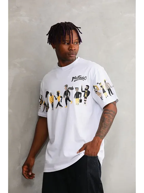 Unisex Bisiklet Yaka Baskılı Oversize T-shirt - Beyaz