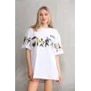 Unisex Bisiklet Yaka Baskılı Oversize T-Shirt - Beyaz