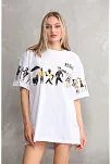 Unisex Bisiklet Yaka Baskılı Oversize T-shirt - Beyaz