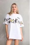 Unisex Bisiklet Yaka Baskılı Oversize T-shirt - Beyaz