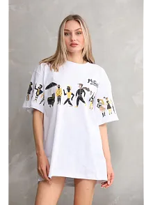 Unisex Bisiklet Yaka Baskılı Oversize T-shirt - Beyaz