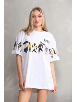 Unisex Bisiklet Yaka Baskılı Oversize T-shirt - Beyaz