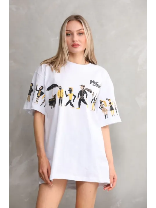 Unisex Bisiklet Yaka Baskılı Oversize T-Shirt - Beyaz Unisex Bisiklet Yaka Baskılı Oversize T-Shirt - Beyaz
