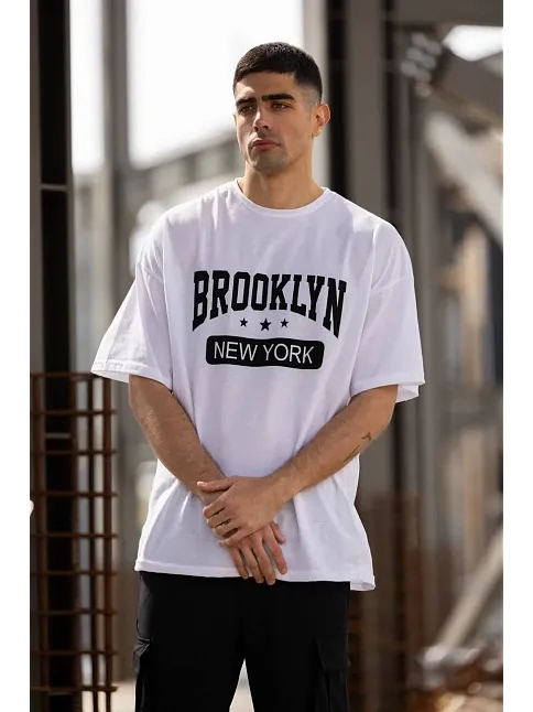 Unisex Bisiklet Yaka Baskılı Oversize T-shirt - Beyaz