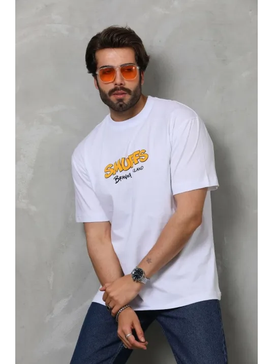 Unisex Bisiklet Yaka Baskılı Oversize T-Shirt - Beyaz Unisex Bisiklet Yaka Baskılı Oversize T-Shirt - Beyaz