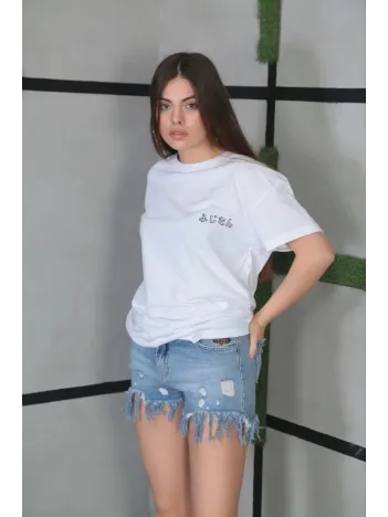 Unisex Bisiklet Yaka Baskılı Oversize T-Shirt- Beyaz Unisex Bisiklet Yaka Baskılı Oversize T-Shirt- Beyaz