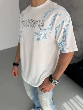 Unisex Bisiklet Yaka Baskılı Oversize T-shirt - Beyaz Unisex Bisiklet Yaka Baskılı Oversize T-shirt - Beyaz