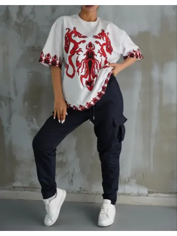 Unisex Bisiklet Yaka Baskılı Oversize T-Shirt - Beyaz Unisex Bisiklet Yaka Baskılı Oversize T-Shirt - Beyaz