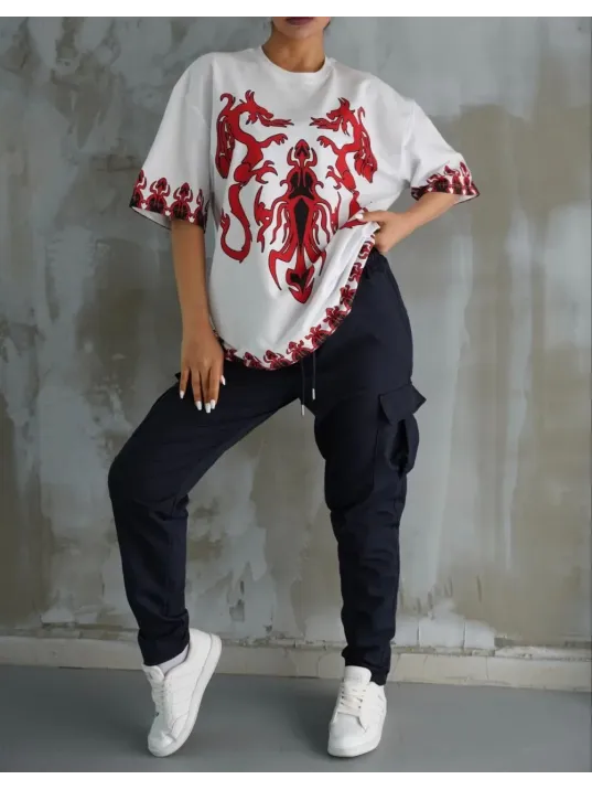 Unisex Bisiklet Yaka Baskılı Oversize T-Shirt - Beyaz