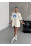 Unisex Bisiklet Yaka Baskılı Oversize T-shirt - Beyaz