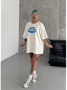 Unisex Bisiklet Yaka Baskılı Oversize T-shirt - Beyaz