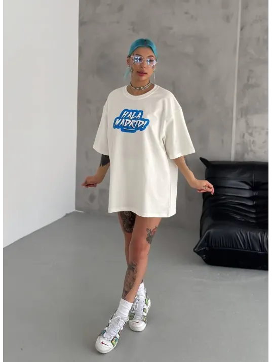 Unisex Bisiklet Yaka Baskılı Oversize T-Shirt - Beyaz Unisex Bisiklet Yaka Baskılı Oversize T-Shirt - Beyaz