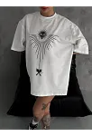 Unisex Bisiklet Yaka Baskılı Oversize T-shirt - Beyaz