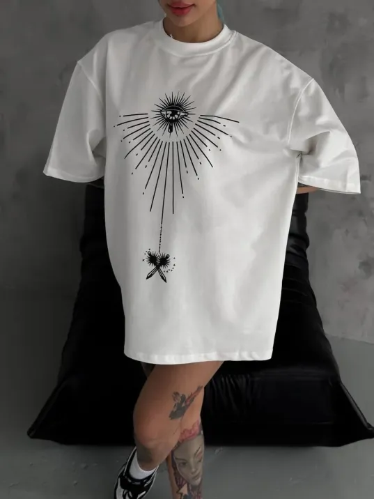 Unisex Bisiklet Yaka Baskılı Oversize T-shirt - Beyaz