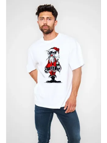 Unisex Bisiklet Yaka Baskılı Oversize T-Shirt - Beyaz Unisex Bisiklet Yaka Baskılı Oversize T-Shirt - Beyaz