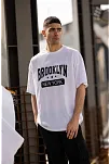 Unisex Bisiklet Yaka Baskılı Oversize T-shirt - Beyaz
