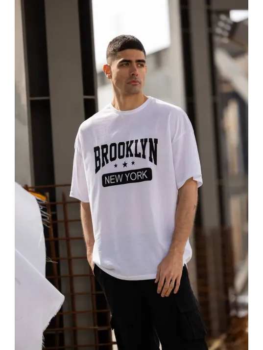 Unisex Bisiklet Yaka Baskılı Oversize T-Shirt - Beyaz Unisex Bisiklet Yaka Baskılı Oversize T-Shirt - Beyaz