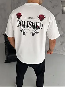 Unisex Bisiklet Yaka Baskılı Oversize T-shirt - Beyaz
