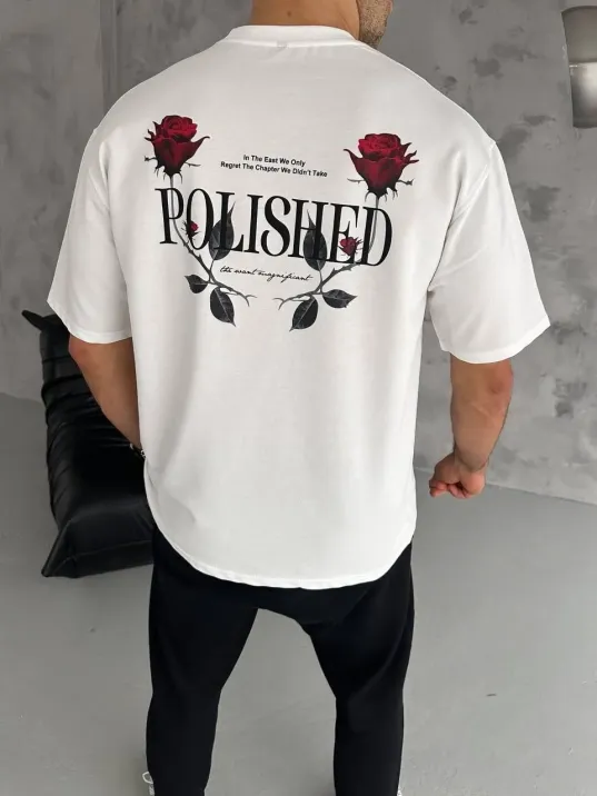 Unisex Bisiklet Yaka Baskılı Oversize T-shirt - Beyaz