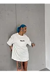 Unisex Bisiklet Yaka Baskılı Oversize T-shirt - Beyaz