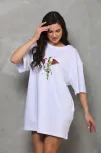 Unisex Bisiklet Yaka Baskılı Oversize T-shirt - Beyaz