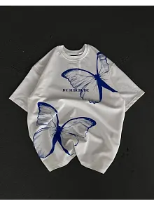 Unisex Bisiklet Yaka Baskılı Oversize T-shirt - Beyaz