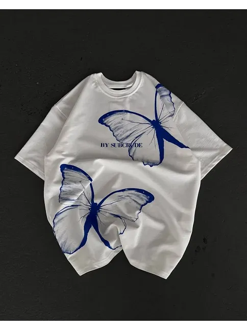 Unisex Bisiklet Yaka Baskılı Oversize T-shirt - Beyaz