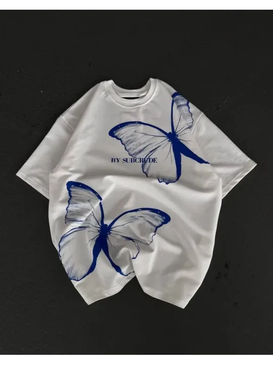 Unisex Bisiklet Yaka Baskılı Oversize T-shirt - Beyaz