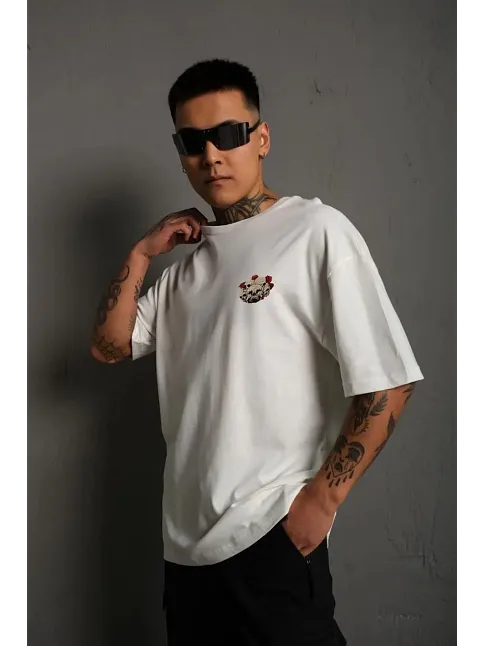 Unisex Bisiklet Yaka Baskılı Oversize T-shirt - Beyaz