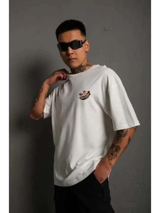 Unisex Bisiklet Yaka Baskılı Oversize T-Shirt - Beyaz Unisex Bisiklet Yaka Baskılı Oversize T-Shirt - Beyaz