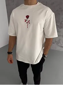 Unisex Bisiklet Yaka Baskılı Oversize T-shirt - Beyaz
