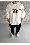 Unisex Bisiklet Yaka Baskılı Oversize T-shirt - Beyaz