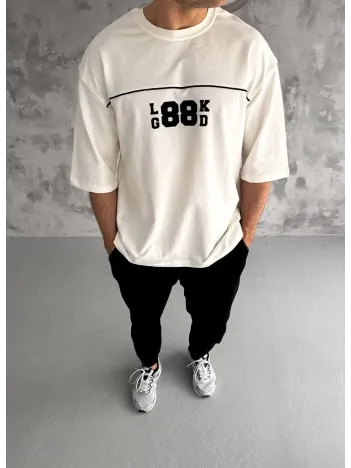 Unisex Bisiklet Yaka Baskılı Oversize T-shirt - Beyaz Unisex Bisiklet Yaka Baskılı Oversize T-shirt - Beyaz