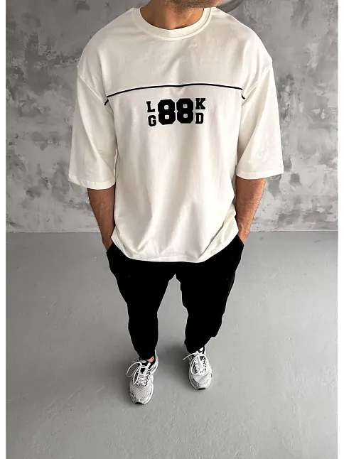 Unisex Bisiklet Yaka Baskılı Oversize T-shirt - Beyaz