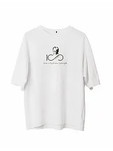 Unisex Bisiklet Yaka Baskılı Oversize T-shirt - Beyaz