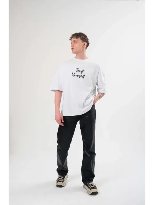 Unisex Bisiklet Yaka Baskılı Oversize T-Shirt - Beyaz Unisex Bisiklet Yaka Baskılı Oversize T-Shirt - Beyaz