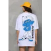 Unisex Bisiklet Yaka Baskılı Oversize T-Shirt - Beyaz