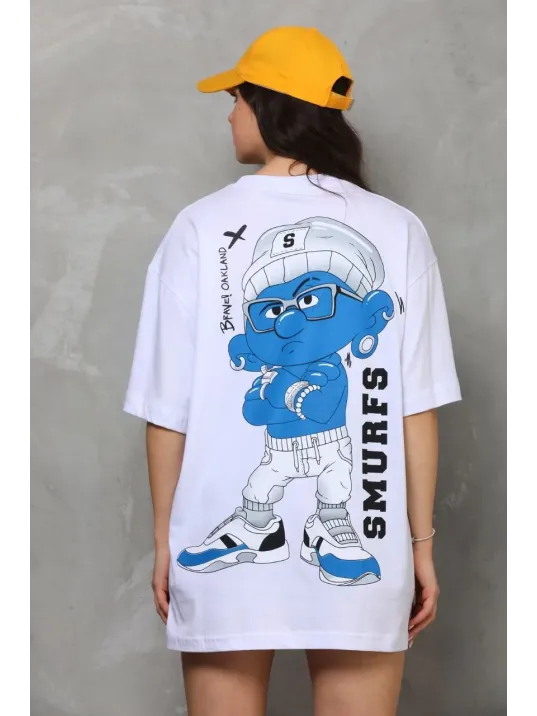 Unisex Bisiklet Yaka Baskılı Oversize T-Shirt - Beyaz