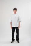 Unisex Bisiklet Yaka Baskılı Oversize T-shirt - Beyaz