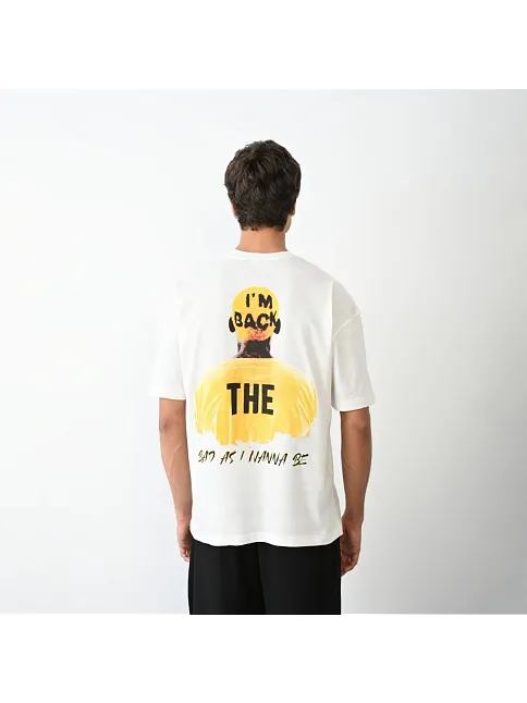 Unisex Bisiklet Yaka Baskılı Oversize T-shirt - Beyaz