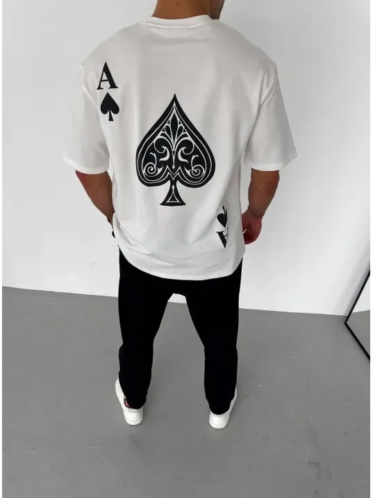 Unisex Bisiklet Yaka Baskılı Oversize T-shirt - Beyaz