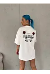 Unisex Bisiklet Yaka Baskılı Oversize T-shirt - Beyaz