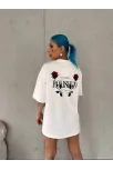 Unisex Bisiklet Yaka Baskılı Oversize T-shirt - Beyaz