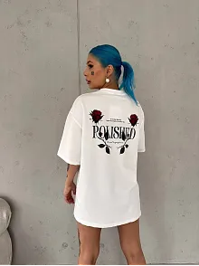 Unisex Bisiklet Yaka Baskılı Oversize T-shirt - Beyaz