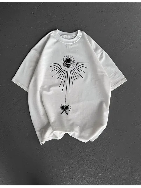Unisex Bisiklet Yaka Baskılı Oversize T-shirt - Beyaz
