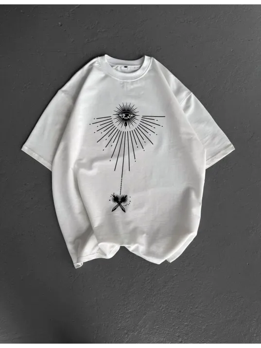 Unisex Bisiklet Yaka Baskılı Oversize T-Shirt - Beyaz Unisex Bisiklet Yaka Baskılı Oversize T-Shirt - Beyaz